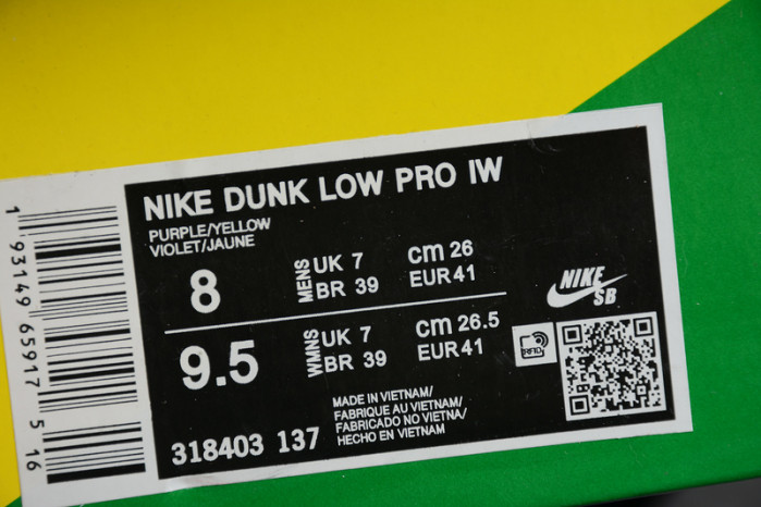 nike sb dunk low pro iw purple/yellow-violet-pink 318403-137