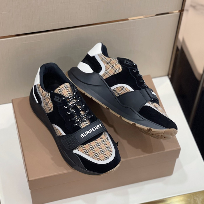 B**rry vintage check, leather and mesh sneakers