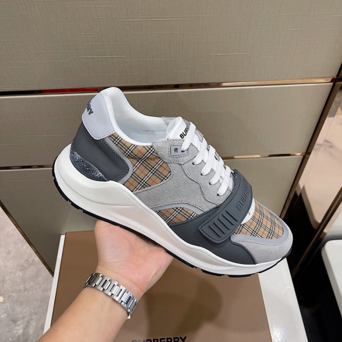 B**rry vintage check, leather and mesh sneakers