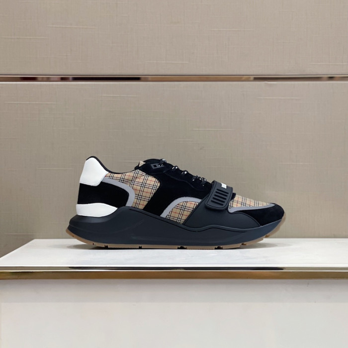 B**rry vintage check, leather and mesh sneakers