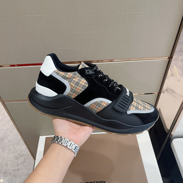 B**rry vintage check, leather and mesh sneakers