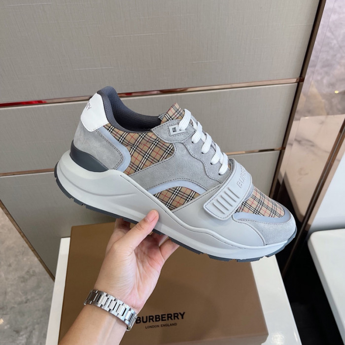 B**rry vintage check, leather and mesh sneakers