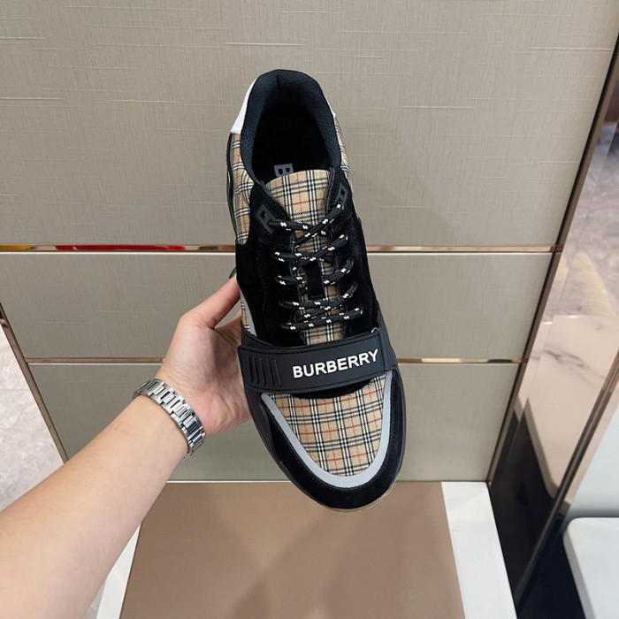 B**rry vintage check, leather and mesh sneakers
