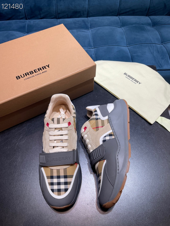 B**rry vintage check, leather and mesh sneakers